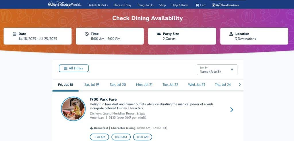 New Disney Dining Reservation Search