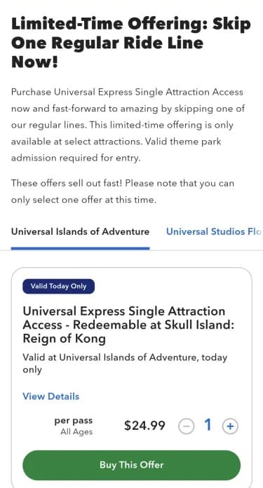 Universal Single Attraction Express Pass