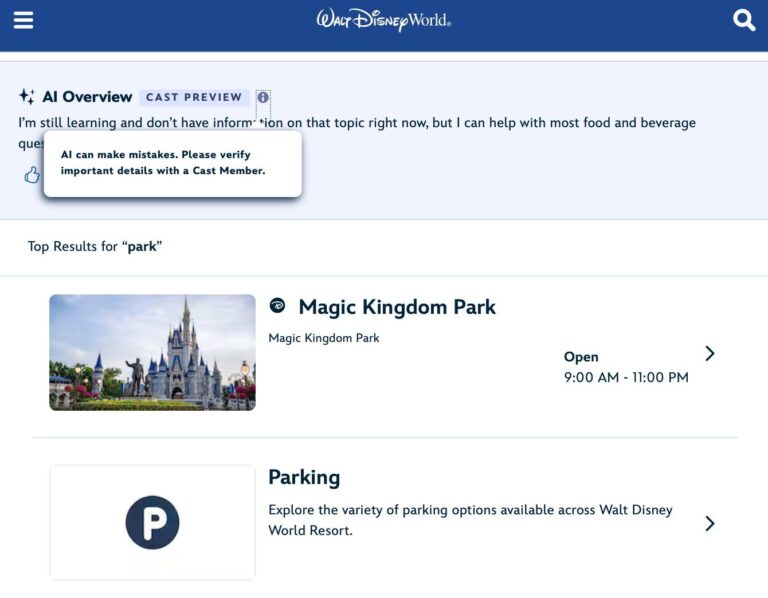Disney World website AI Overview feature screenshot early testing