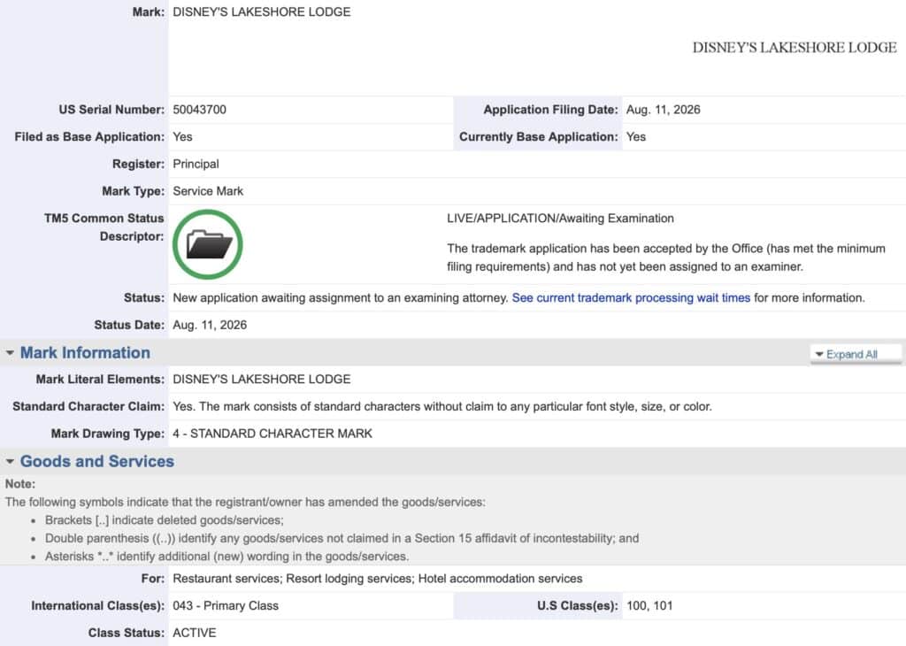 Disney's Lakeshore Lodge trademark filing
