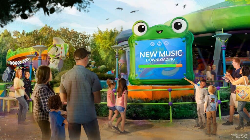 Concept art of Alien Swirling Saucers: Lilypad's Jams signage in Toy Story Land