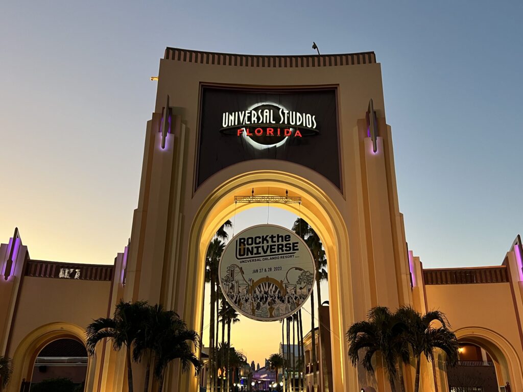 Rock the Universe banner at the Universal Studios Florida entrance arch