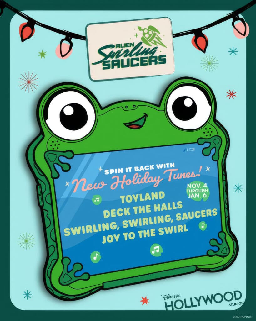 Promotional artwork for the Alien Swirling Saucers holiday playlist featuring Toyland, Deck the Halls, Swirling Swirling Saucers and Joy to the Swirl
