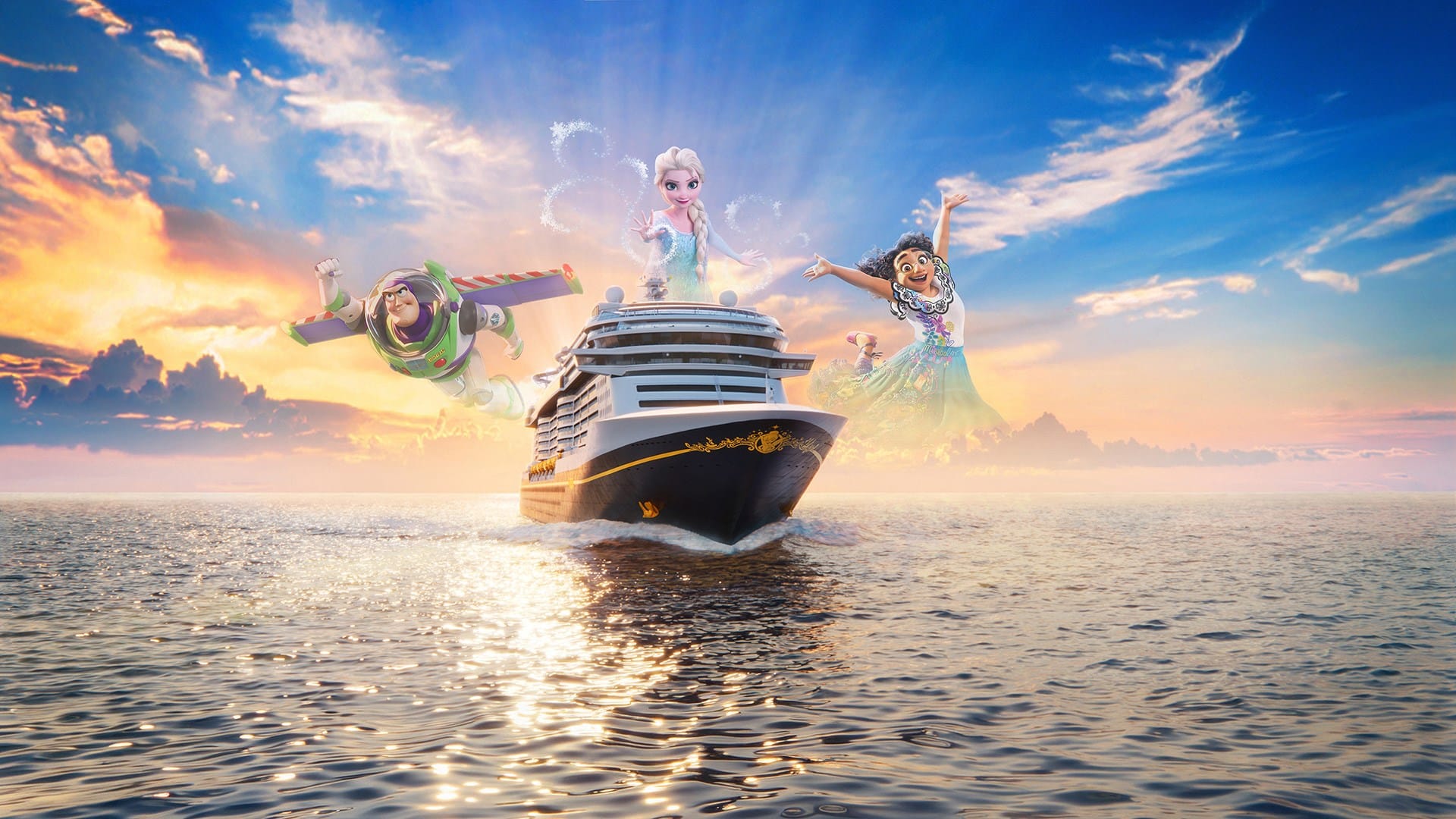 Buzz Lightyear, Elsa and Mirabel aboard the Disney Believe