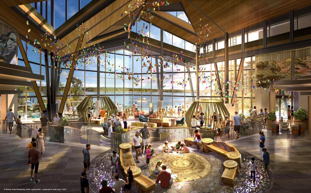 The grand lobby at Disney's Lakeshore Lodge with Bay Lake views