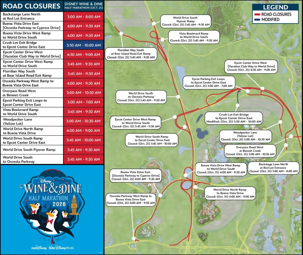 Road closure map for the 2026 Wine & Dine Half Marathon on October 25