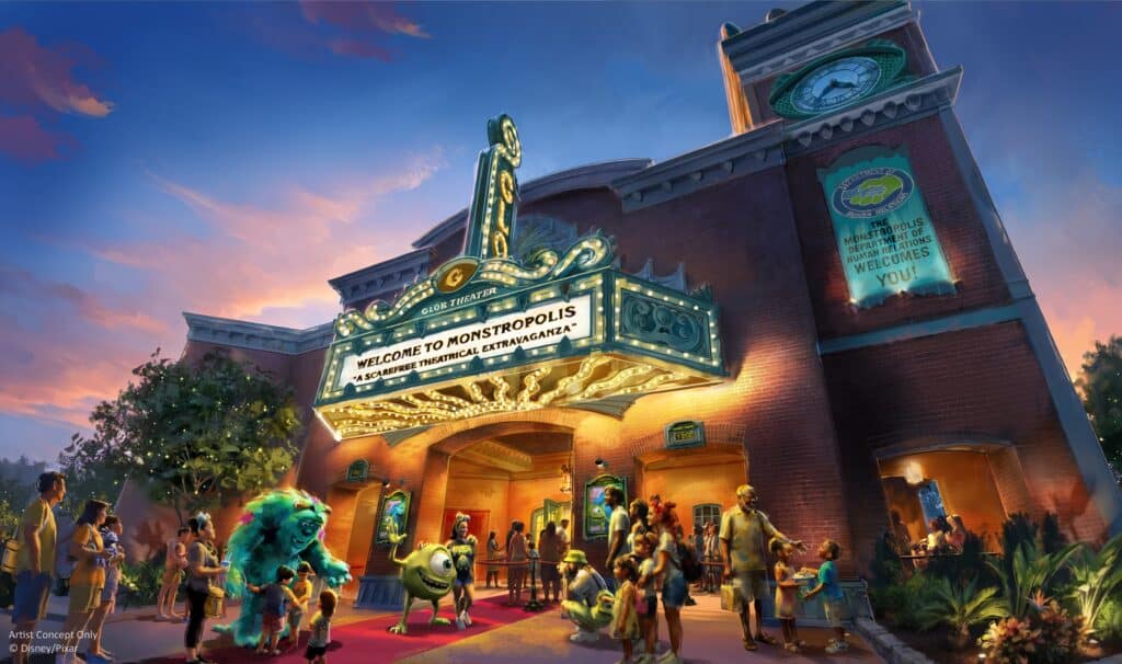 Updated concept art for the Welcome to Monstropolis pre-show at the Glob Theater